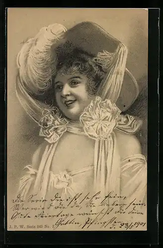 AK Mädchen im Kleid mit Hut, Jugendstil