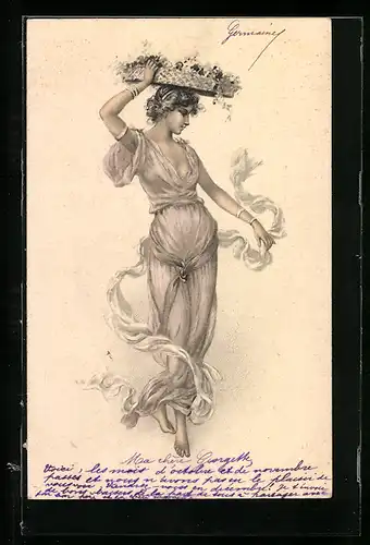 Lithographie Junge Frau trägt ein Blumentablett auf dem Kopf, Jugendstil