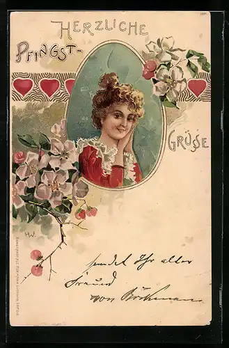 Lithographie Dame in rotem Kleid mit Blütenzweigen, Jugendstil