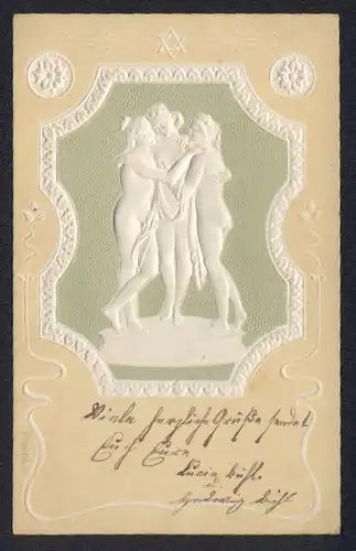 Präge-AK Drei nakte Damen halten sich im Arm, Jugendstil