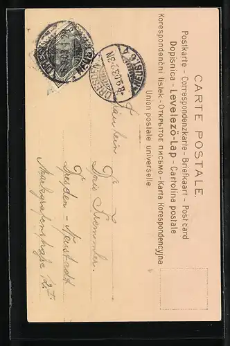 Lithographie Kuss über Gartenmauer