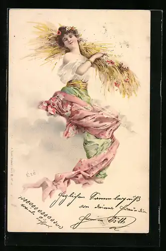 AK Junge Frau mit Garben, Jugendstil