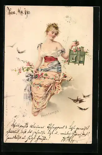 Lithographie Junge Frau mit Vogelkäfig und freigelassenen Schwalben