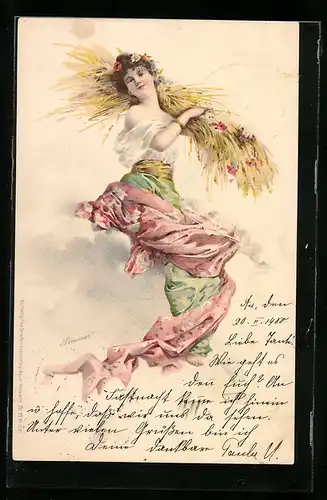 AK Junge Frau mit Garben, Jugendstil