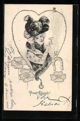 Künstler-AK Junge Frau mit Sektglas und grossem Hut zu Neujahr, Jugendstil