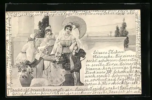 AK Damengruppe mit Schirm und Bodenvase, Jugendstil
