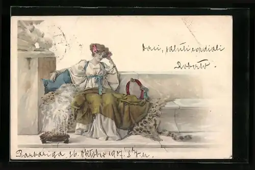 Künstler-AK Junge Dame mit Decke und Kissen auf einer Bank mit Wasserdampkessel, Jugendstil