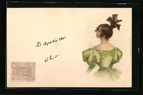Künstler-AK Junge Dame in grünem taillierten Kleid mit Puffärmeln und Schleife im Haar, Jugendstil