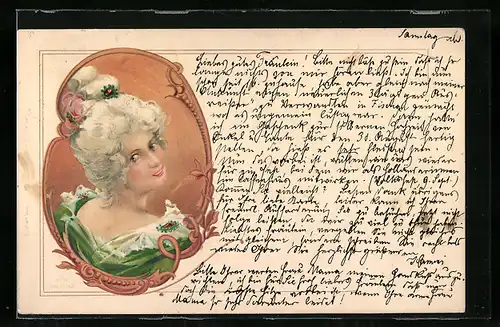 Lithographie Dame mit weisser Perücke in grünem Kleid, Jugendstil
