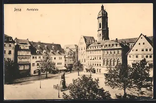 AK Jena, Marktplatz mit Geschäft und Denkmal