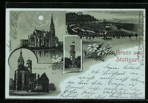 Mondschein-Lithographie Stuttgart, Stiftskirche, Aussichtsturm bei Degerloch, Bopserbrunnen