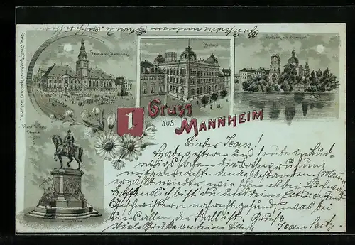 Lithographie Mannheim, Postamt, Rathaus mit Marktplatz, Stadtpark mit Sternwarte, Kaiser Wilhelm-Denkmal