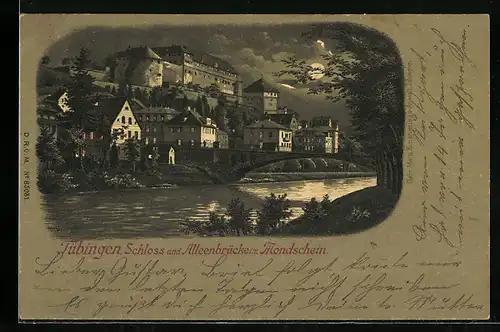 Lithographie Tübingen, Schloss und Alleenbrücke