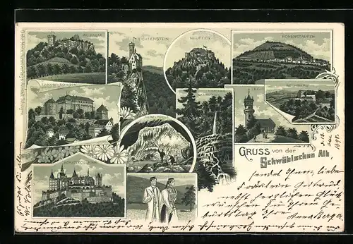 Lithographie Hohenzollern, Teck, Neuffen, Lichtenstein und Rechberg