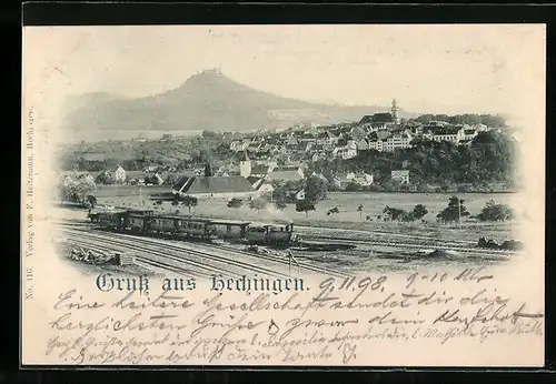 AK Hechingen, Panoramablick mit Eisenbahn