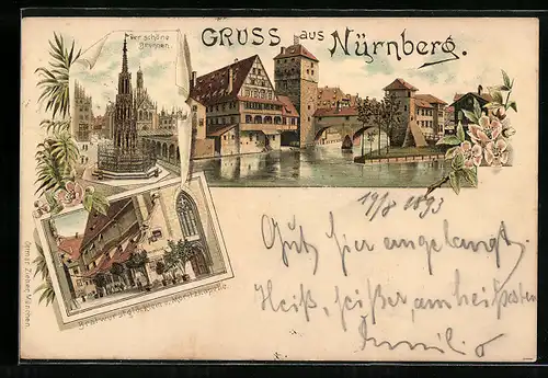 Vorläufer-Lithographie Nürnberg, 1893, Gasthaus Bratwurstglöcklein und Moritzkapelle, Der schöne Brunnen, Uferpartie