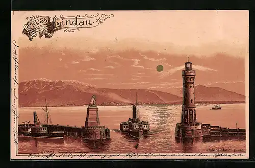 Lithographie Lindau, Hafeneinfahrt mit Leuchtturm und Dampfer