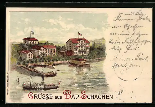 Lithographie Bad Schachen, Ortsansicht mit Hotels