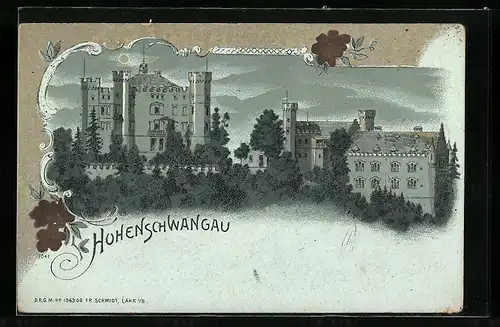 Lithographie Hohenschwangau, Teilansicht mit Schloss