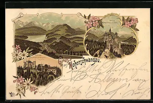 Lithographie Hohenschwangau, Panorama, Schloss Hohenschwangau, Schloss Neu-Schwanstein