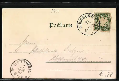 Lithographie Augsburg, Jakoberstrasse mit Jakoberthor und Fünfgradthurm