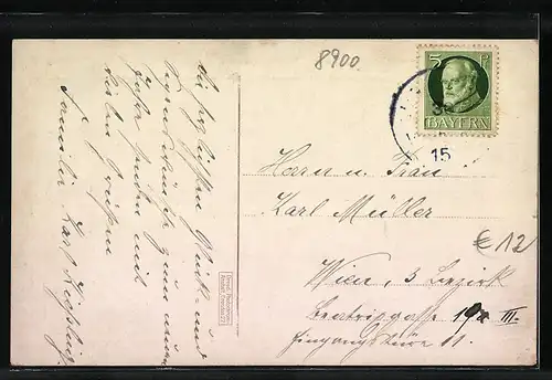 AK Augsburg, Obere Maximilianstrasse mit Kirche St. Ulrich, Fahne