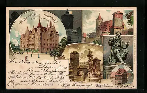 AK Nürnberg, Grand Hotel, Bes. Rudolf Lotz, Henkersteg, Hans Sachs-Monument, Dürer-Haus