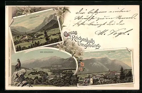 Lithographie Reichenhall, St. Zeno, Bad Kirchberg, Grossgmain, Umland