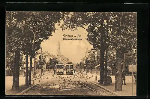 AK Freiburg i. Br., Güntersthalstrasse mit Strassenbahn