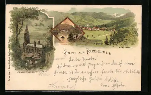 Lithographie Freiburg i. B., Münster vom Schlossberg aus, Güntersthal, Ortspartie