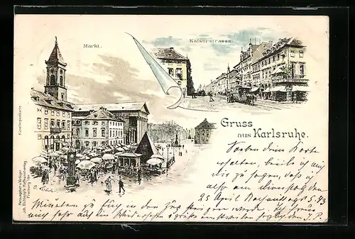 Lithographie Karlsruhe, Marktplatz und Kaiserstrasse mit Strassenbahn