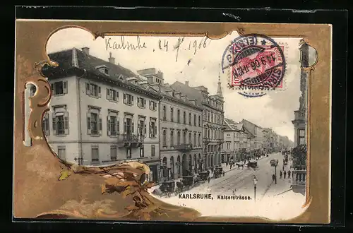 AK Karlsruhe, Kaiserstrasse mit Passanten, Passepartout