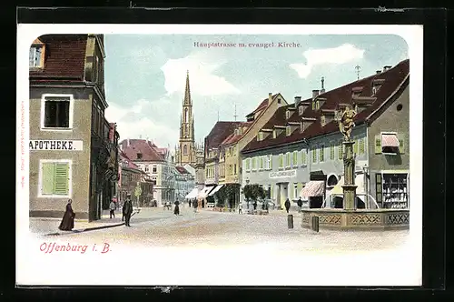 AK Offenburg, Hauptstrasse mit evangelischer Kirche