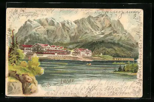 Lithographie Eibsee, Hotel am Eibsee mit Bergpanorama