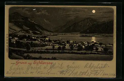 Mondschein-Lithographie Schliersee, Teilansicht mit Bergen