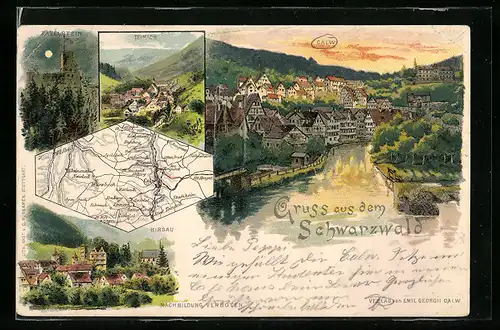 Lithographie Calw, Panorama mit Teinach und Hirsau