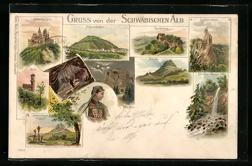 Lithographie Teck, Burg Hohenzollern, Hohenstaufen, Uracher Wasserfall, Achalm