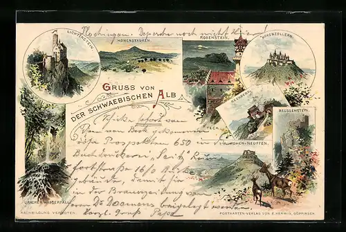 Lithographie Hohen-Neuffen /Schwäbische Alb, Panorama, Hohenzollern, Rechberg