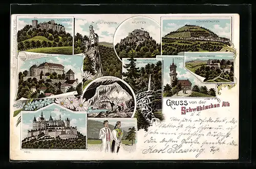 Lithographie Neuffen /Schwäbische Alb, Panorama, Uracher Wasserfall, Rechberg