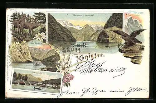 Lithographie Königssee, Teilansicht vom Malerwinkel, Landungsplatz, Obersee mit Teufelshörnern