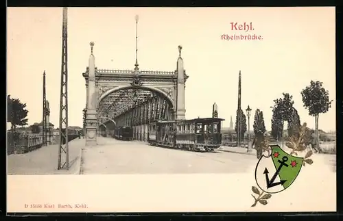 Präge-AK Kehl, Rheinbrücke mit Strassenbahn