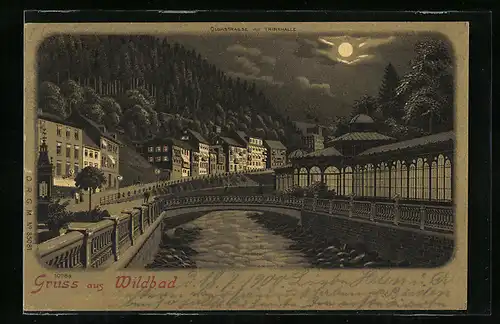 Lithographie Wildbad, Blick in die Olgastrasse mit der Trinkhalle