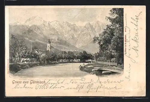 Lithographie Garmisch-Partenkirchen, Partie an der Loisach, Blick auf die Berge