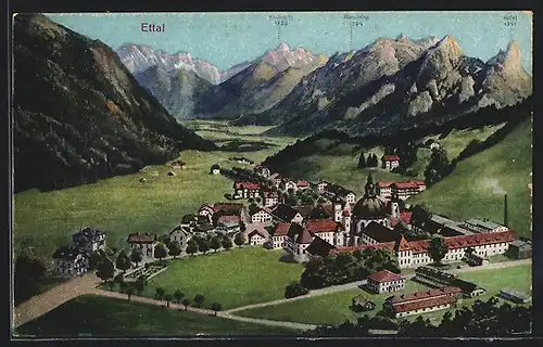 AK Ettal, Kloster mit Klamspitz, Pürschling und Kofel