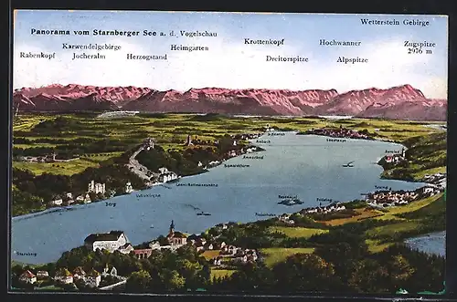 AK Starnberg, Panorama vom Starnberger See mit Heimgarten, Zugspitze und Alpspitze