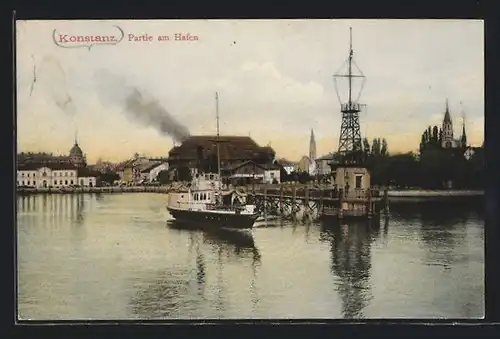 AK Konstanz, Partie am Hafen mit ausfahrendem Dampfer