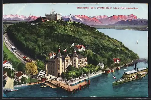 AK Leoni, Panoramaansicht mit Starnberger See und Drathseilbahn Leoni-Rottmannshöhe