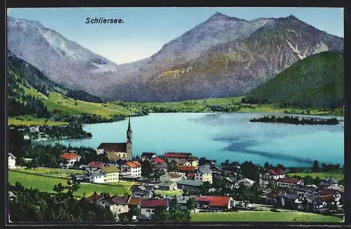 AK Schliersee, Teilansicht mit Bergen