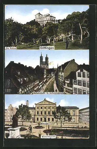 AK Göttingen, Ansichten Wilhelmsplatz, Johanisstrasse mit Johnniskirche, Der Rohns