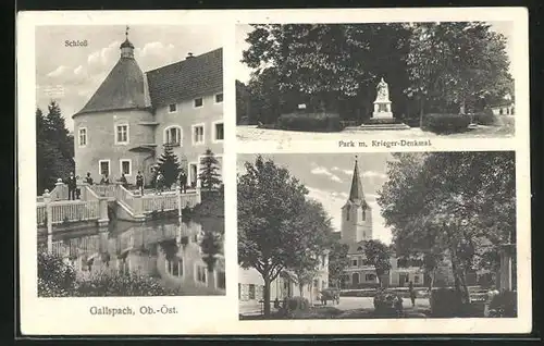 AK Gallspach, Park mit Krieger-Denkmal, Schloss, Blick auf die Kirche